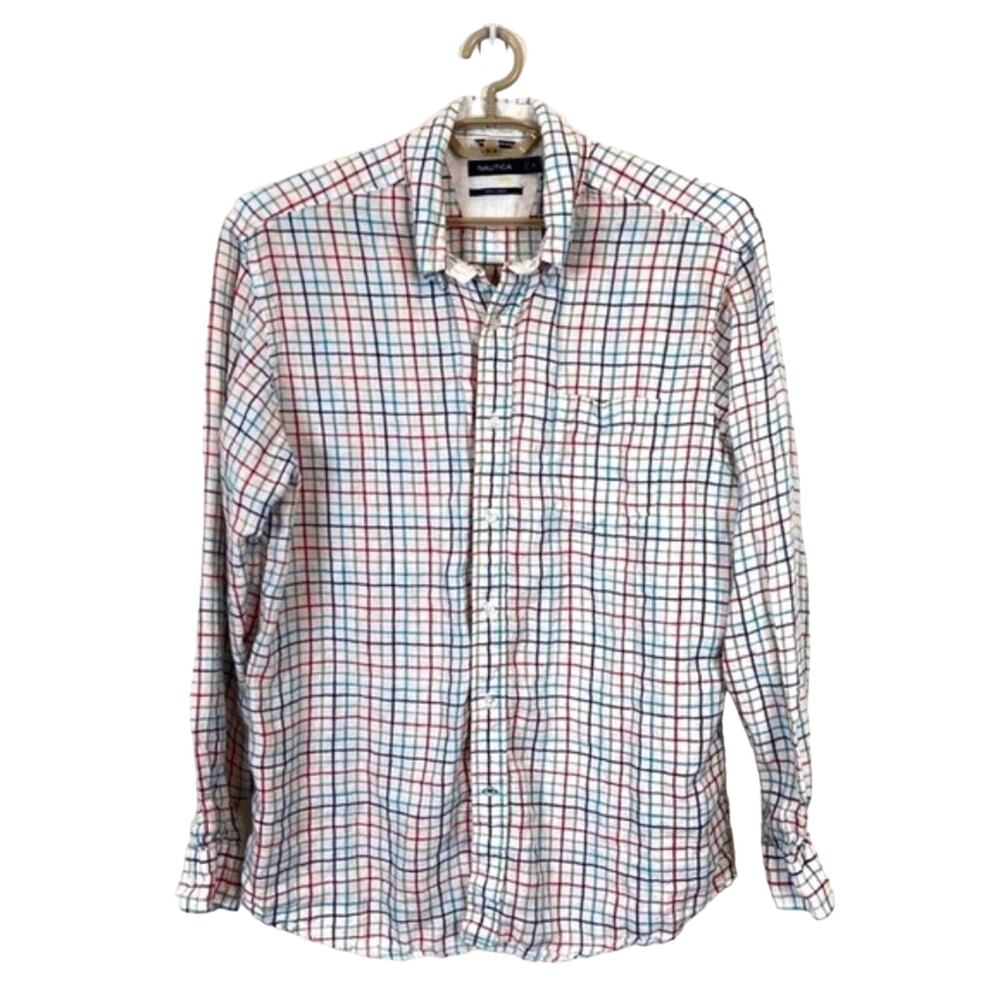 Nautica Linen Shirt Windowpane Plaid Button Down Long Sleeve Men Size XL